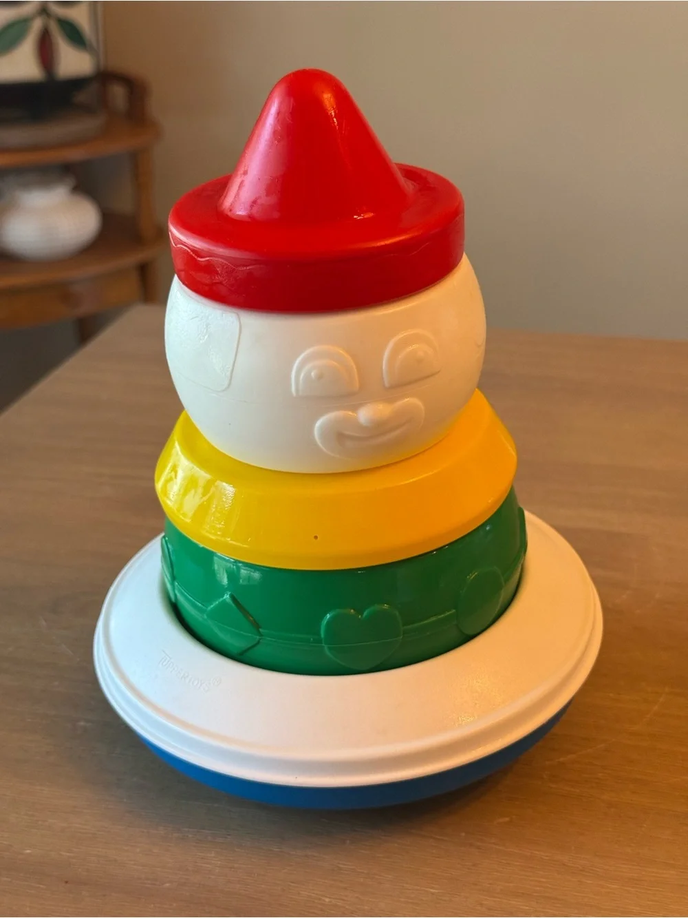 Vtg Tupperware Roly Poly Stacking Clown White Green Yellow Blue Rings Red Hat
